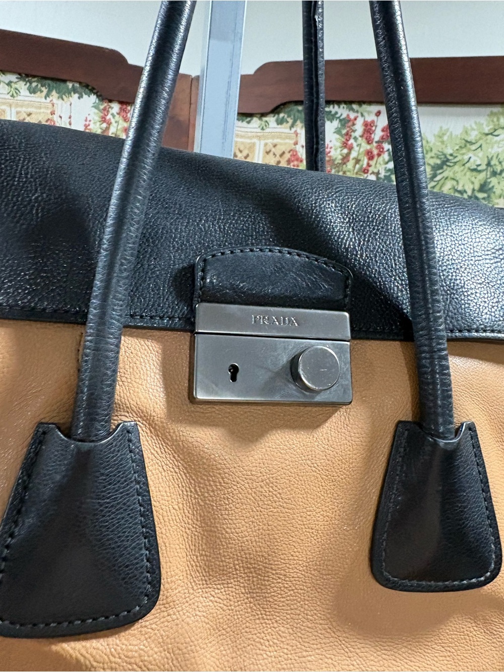 Prada Glance Pomice Two-Tone Tan and Black Leather Satchel - Picture 8 of 16